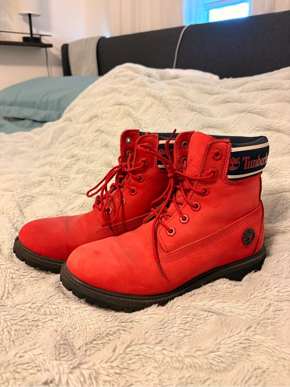 Timberland Red Lace-Up Ankle Boots with Padded Collar